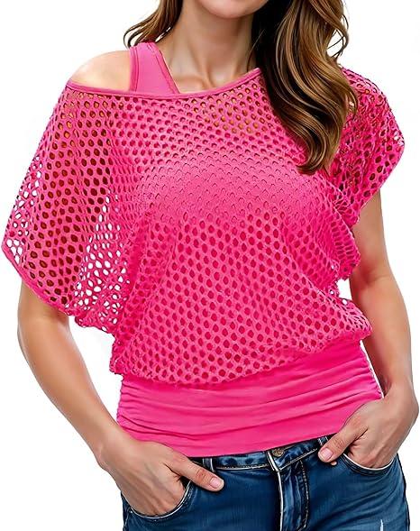 Women Casual Sexy 80s Costumes Fishnet Neon Off Shoulder T-Shirt Two Pieces, S