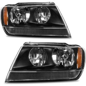 AUTOSAVER88 Headlights Assembly Compatible with 1999-2004 Grand Cherokee Replacement Black Headlight Housing Amber Reflector Pair Set