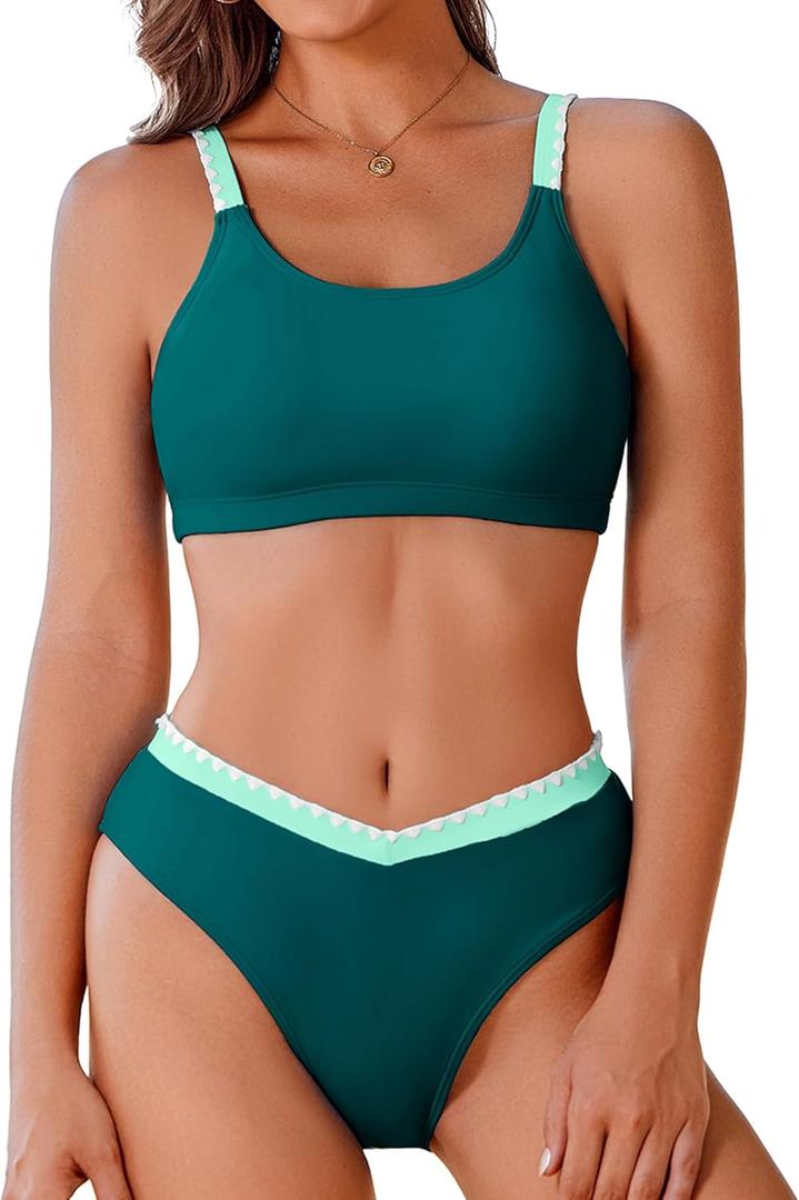 AI'MAGE Women's High Cut Bikini Set 2 Piece Sporty Swimsuit Color Block Bathing Suit with Trim (Medium, Blue Green)