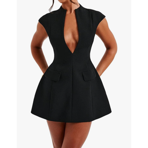 LuFeng Women's Summer Sexy Cap Sleeve Deep V Neck Zipper A-line Mini Dress Hollow Bodycon Night Out Party Dress, Size S