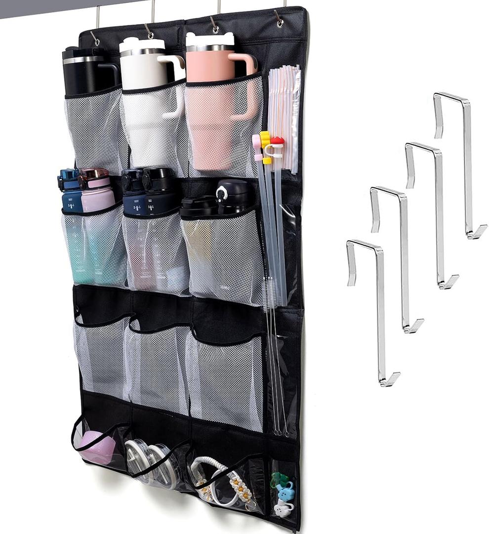 Water Bottle Organizer for Stanley Cup, 9 Large Capacity Pockets Water Bottle Holder for Stanley 40oz Tumbler Hanging Bag Over the Door for Stanley Cup Accessories Lids Kitchen Cabinet Pantry (16 pockets, Black)
