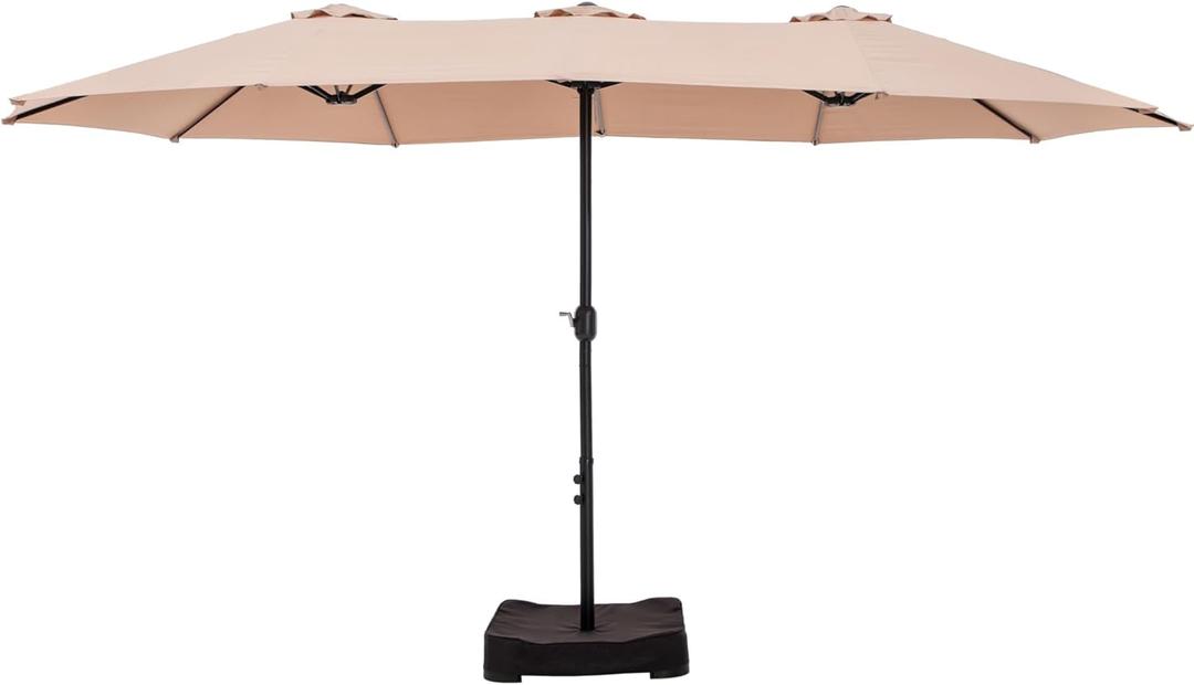 HERA'S PALACE Umbrella Patio Outdoor with Base 15ft Rectangle Table Double Market Umbrellas Clearance Large Included Stand for Deck Outside Pool Picnic Inground Yard Commercial, Beige