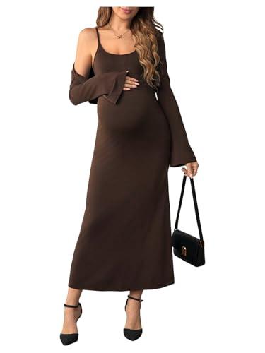 OYOANGLE Women's Maternity 2 Piece Outfits Scoop Neck Bodycon Long Cami Dress and Long Sleeve Cropped Cardigan Set Brown Small