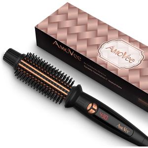 AmoVee Curling Iron 1 Inch, Dual Voltage Travel-Friendly Tourmaline Ceramic Ionic Hair Heated Round Brush, Professional Anti-Scald Instant Heat Up Hot Brush for Long Hair, A Gift for Yourself