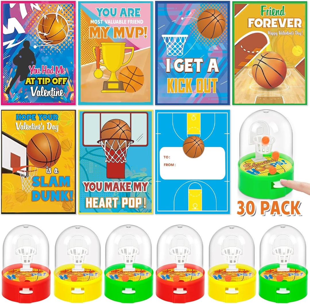 Valentines Day Gifts for Kids Classroom, 30 Pack Valentines Cards with Basketball Shooting Game, Basketball Toy for School Valentines Gifts Exchange, Kids Valentines Party Favor Supply for Boys Girls