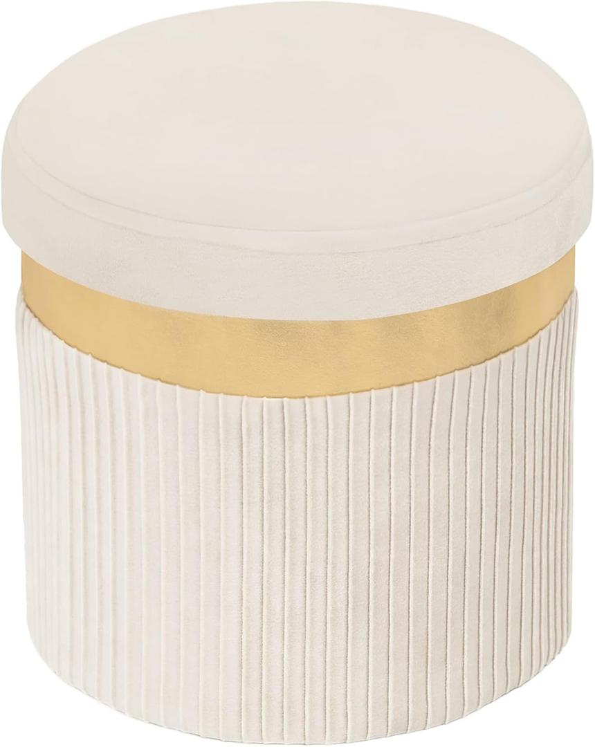 xuperbonus Small Ottoman with Storage,Folding Round Ottoman with Gold Trim,Velvet Storage Stool,Foot Stool with Soft Padded,Foot Rest for Living Room13x13x12.4(YZbeige,1pcs)