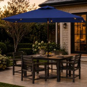6.5 x 10ft Rectangular Patio Umbrella with Solar Lights, 16 LED Lighted Market Umbrella with Push-Button Tilt and Crank, 6 Sturdy Iron Ribs for Garden, Deck, Pool, Navy Blue