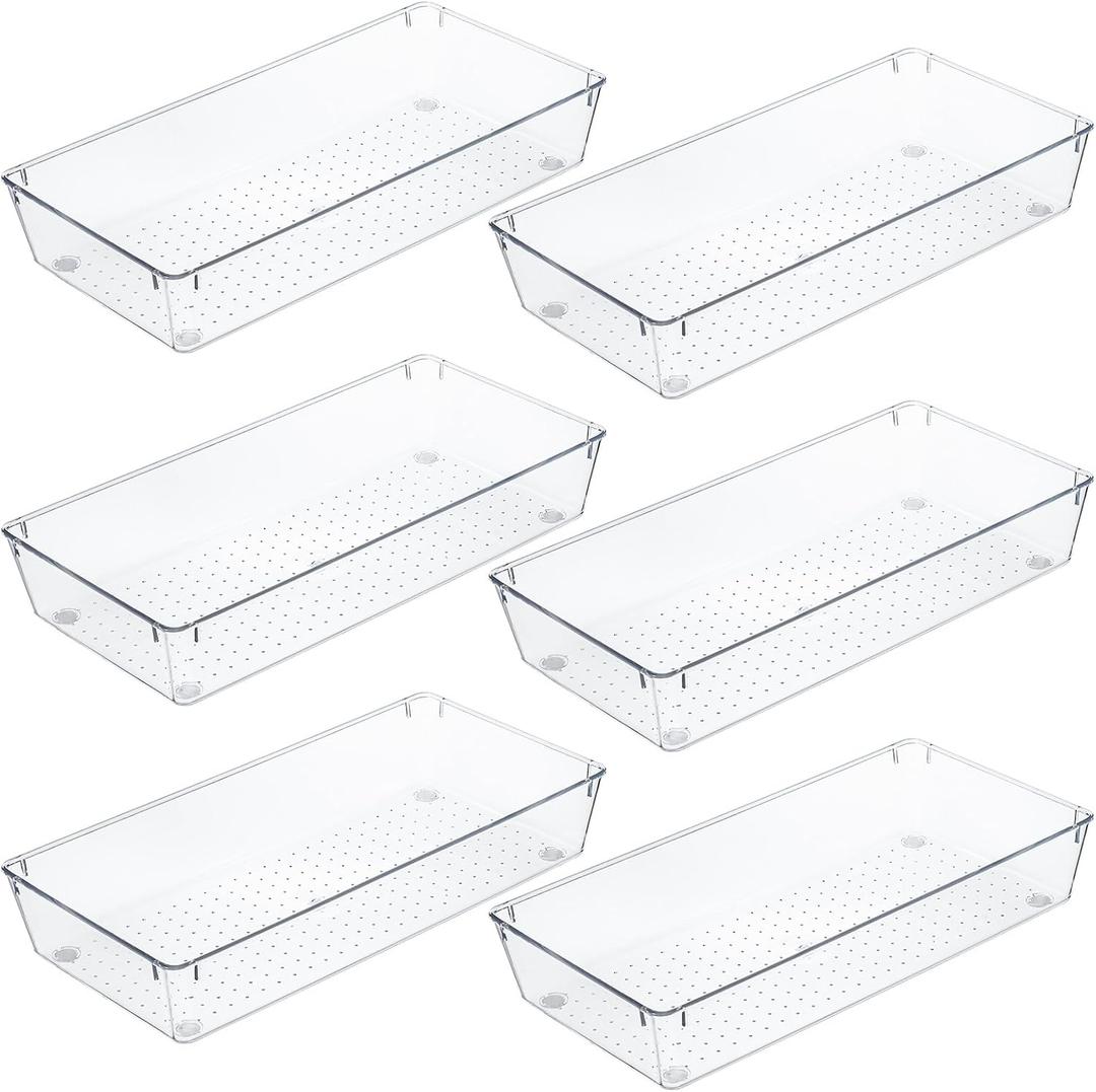 Kingrol 6 Pack 12 x 6 x 2 Inch Clear Drawer Organizer Trays, Desk Drawer Divider Storage Bins, Storage Box Set for Utensils Junks Vanities Makeups Jewelry Office Craft Supplies