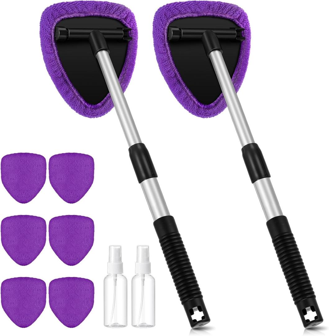 Baderke 10 Pcs Windshield Cleaner Tool Car Window Cleaning Supplies with Extendable Handle Include 6 Washable Microfiber Bonnets 2 Empty 60ml Spray Bottle Glass Wiper Kit(Purple)
