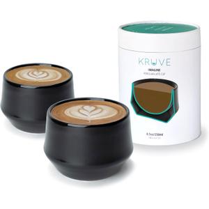 KRUVE IMAGINE Porcelain Latte Coffee Cups, Double Walled Espresso Cups, Glass Cups Set of Two - 8.5oz Thermal Spherical Design for Latte Art, Insulated Coffee Mugs for Heat Retention (Black)