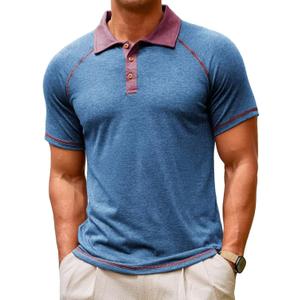 Lexiart Men's Casual Polo Shirt Short Sleeve Raglan Classic Button Golf Collared Tops Contrast Color (Blue, M)