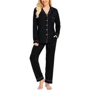 Swomog Button Up Pajama Set For Women M, Black