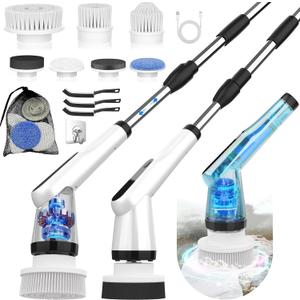 WKY-Electric Spin Scrubber - Upgraded 10-in-1 IPX7 Waterproof Shower Scrubber, Retractable Handle & 2-Speed for Toilet, Bathroom, Bathtub, Tile Floors (Black&white)