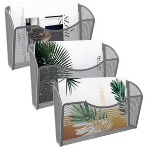 EasyPAG 3 Pack Wall File Organizer, Metal Mesh Hanging File Folder Holder for Letter/A4 Size Folders, Vertical Wall Mount Mail Sorter for Office Paperwork, Classroom, Silver
