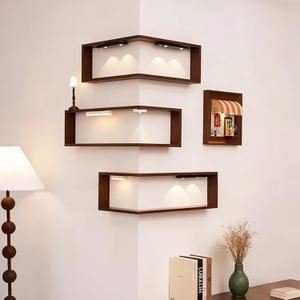 Corner Shelf Set of 3, Wall Mounted Floating Corner Shelves, Space Saving Storage Rack for Bedroom Living Room, Display Collectibles Blind Box Lego, Walnut Brown
