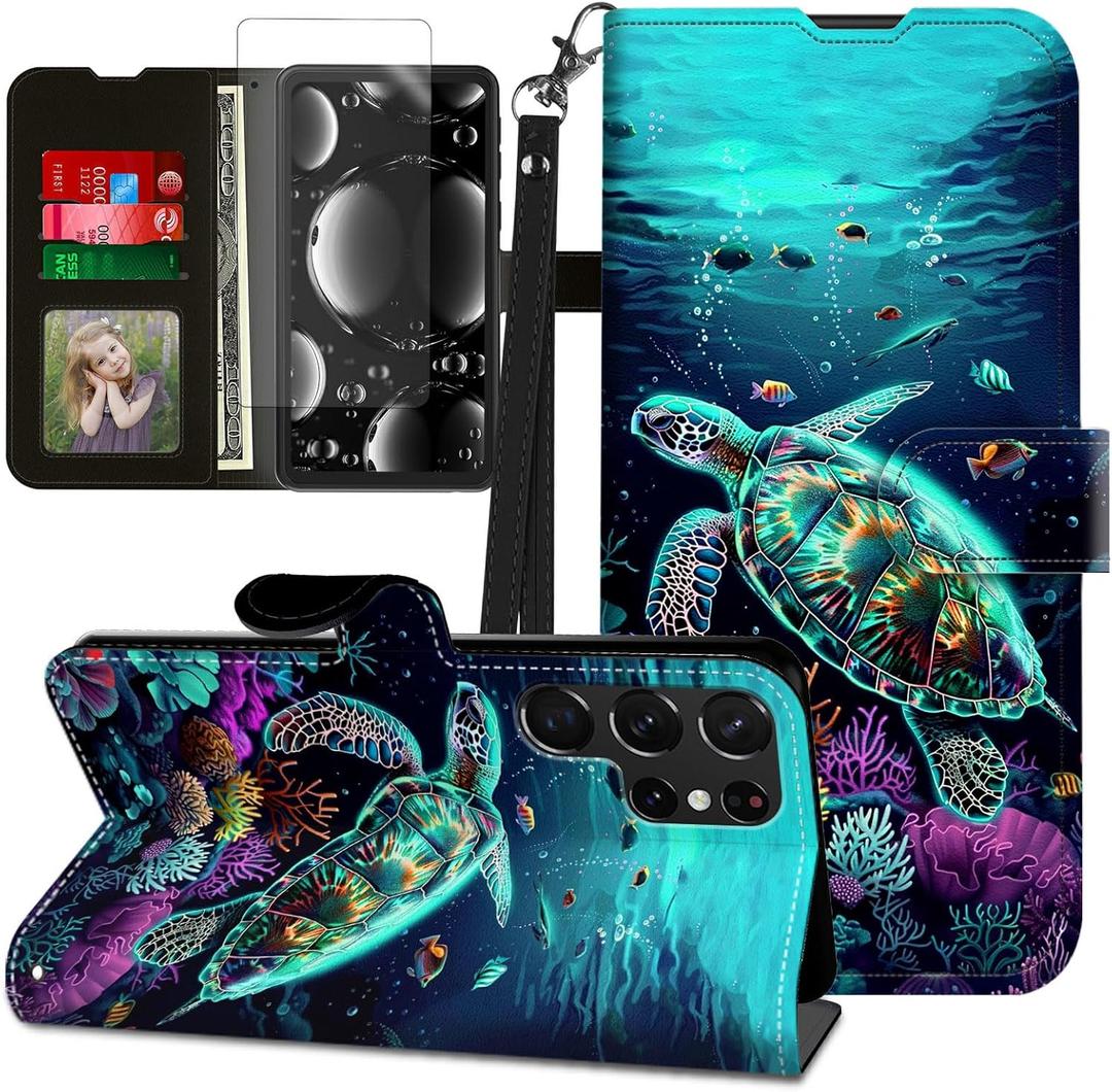 for Samsung Galaxy S25 Ultra Case with Screen Protector & Kickstand & Card Holder & Wrist Strap,Flip Folio Leather Cover Magnetic Protective Case for Samsung S25 Ultra,Sea Turtle Green
