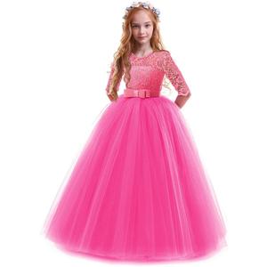 Girls Flower Vintage Floral Lace 3/4 Sleeves Floor Length Dress Wedding Party Evening Formal Pegeant Dance Gown (11-12 Years, Hot Pink)