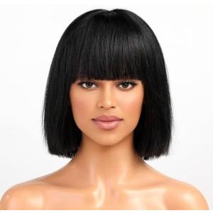 ELLORS 10 Inch Bob Wig Human Hair With Bangs Glueless 2x1 HD Lace Wigs, Short Wigs For Women Yaki Straight Lashes Included