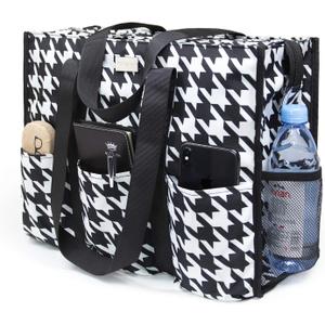 TOPDesign Utility Water Resistant Tote Bag with 13 Pockets, Top Zipper Closure & Thick Bottom Support, for Working Women (Large, Houndstooth)