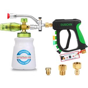 DUSICHIN Short Pressure Washer Gun Foam Cannon Nozzle Dual Connector Shift Valve, Car Wash Foam Cannon Kit 1/4 Inch Quick Connector, 5 Pressure Washer Nozzle Tips,Double Tip Attachment For Soap Cannon