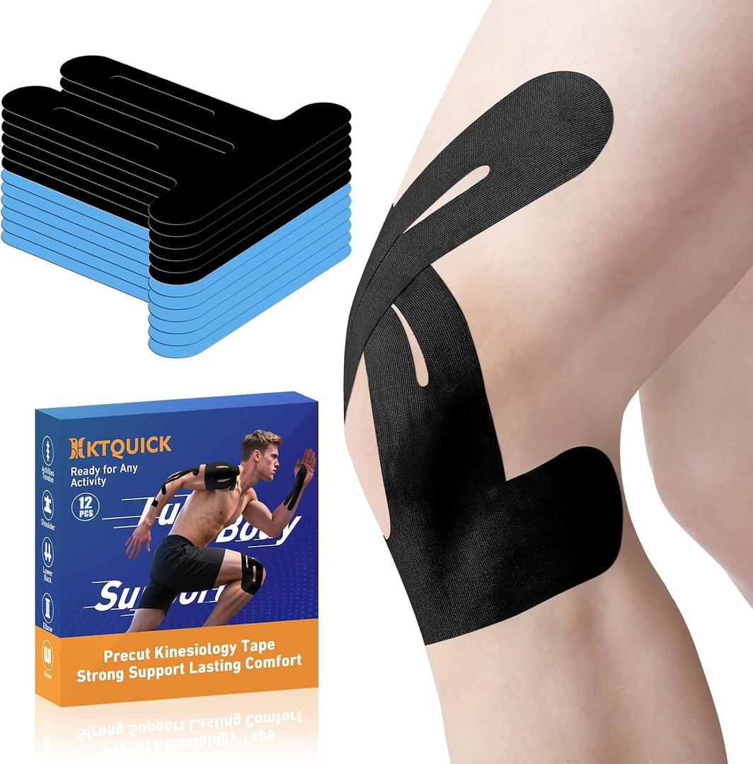 PreCut Kinesiology Tape for Knees, 12PCS(6 Black & 6 Blue)Waterproof KTQUICK Knee Tape for Knee Pain Relief Pre Cut, Original Cotton Athletic Knee Tape, Waterproof&Hypoallergenic Latex-Free for Sports