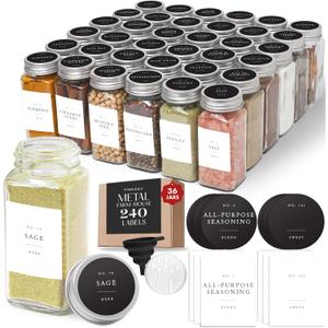Glass Spice Jars with Labels with Metal Lids and Shakers Farmhouse 36 Pack Set, 4oz Small Clear Empty Spice Bottles Seasoning Containers with Label Organizer Square Herb Seasoning Jars for Kitchen,36-pack | Modern Farmhouse Style