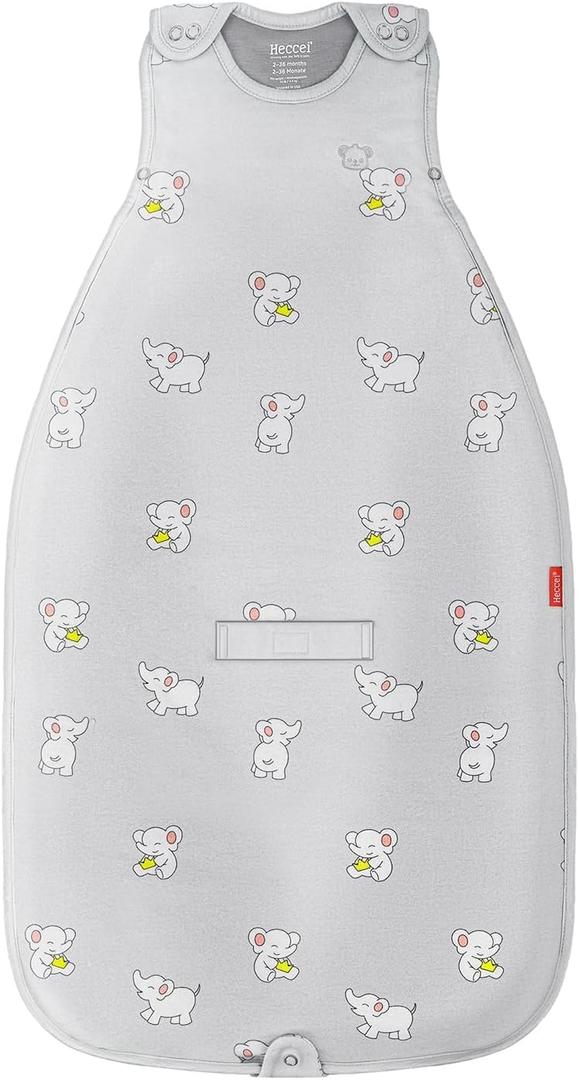 HECCEI Merino Wool & Cotton Baby Sleep Sack, All-Season 2-Way Zipper Baby Sleeping Bag, Adjustable Fit Baby Wearable Blanket (Snackyphant Grey) 2-24M