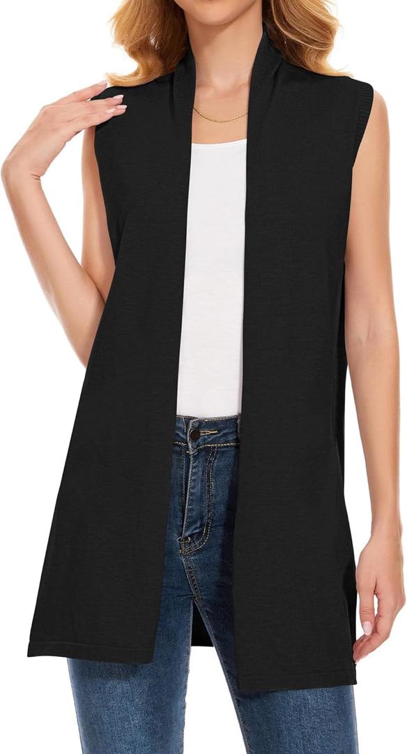 Women's Long Knit Cardigans Ribbed Sleeveless Sweater Casual Outwear Open Front Draped Duster Vest (Black, M)