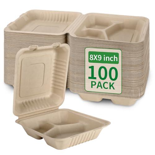 Aricsen 100 Pack 3 Compartment Compostable 8x9 Inch Takeout Lunch Box Containers with Lid To Go Take Out Clamshell for Food, Disposable Eco-Friendly Biodegradable Bagasse, PFAS-Free, Brown