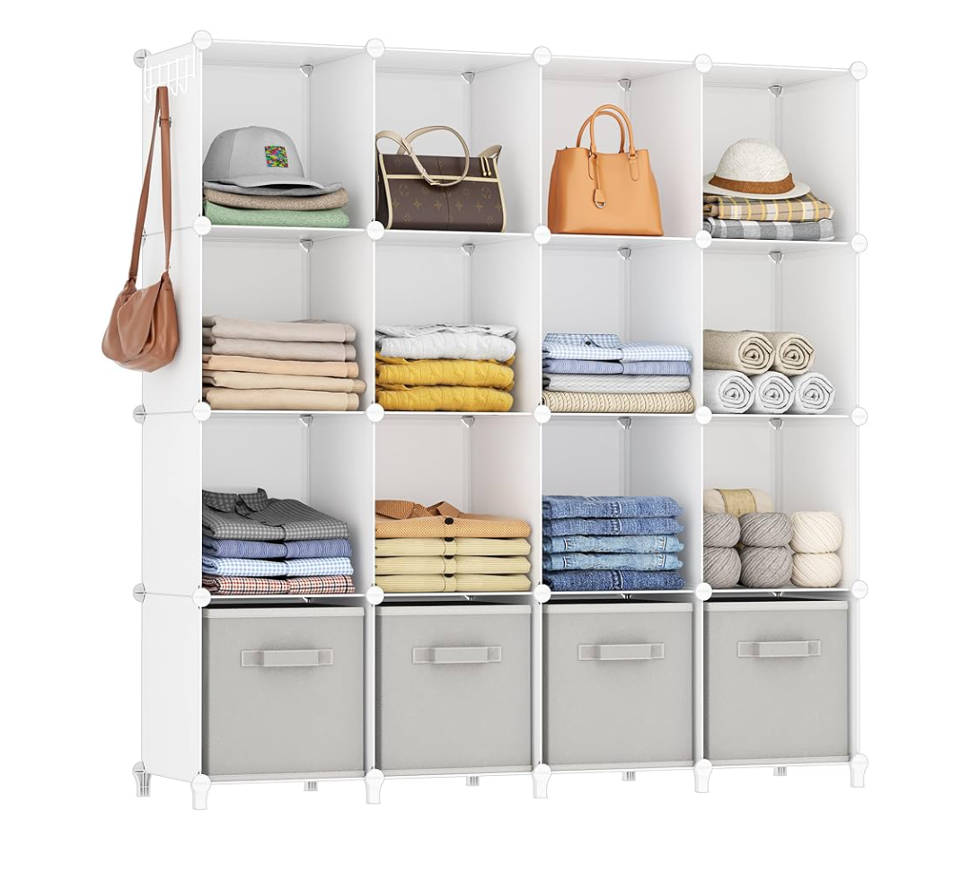 Closet Organizers and Storage, 16 Cube Storage Organizer, Closet Organizer Bookshelf Cubes Shelves for Clothes, Bedroom, Kids Room, Bathroom, Wardrobe, Garment Racks, White
