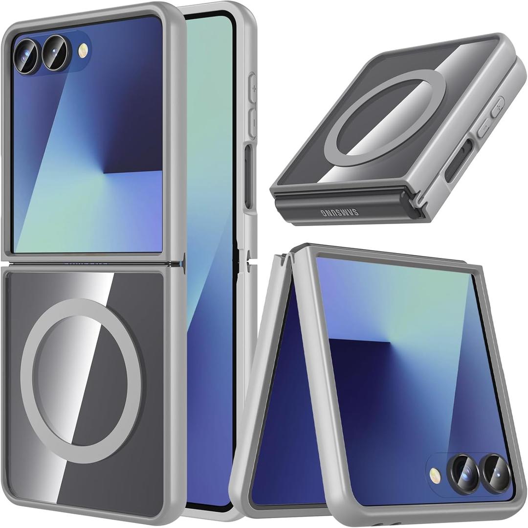 New Upgrade For Samsung Galaxy Z Flip 7 Case,Z Flip 7 Case [Built-in Screen Protector] [Compatible with MagSafe] Transparent Shockproof Magnetic Clear Back Slim Fit Protective Rugged Phone Cover-Gray