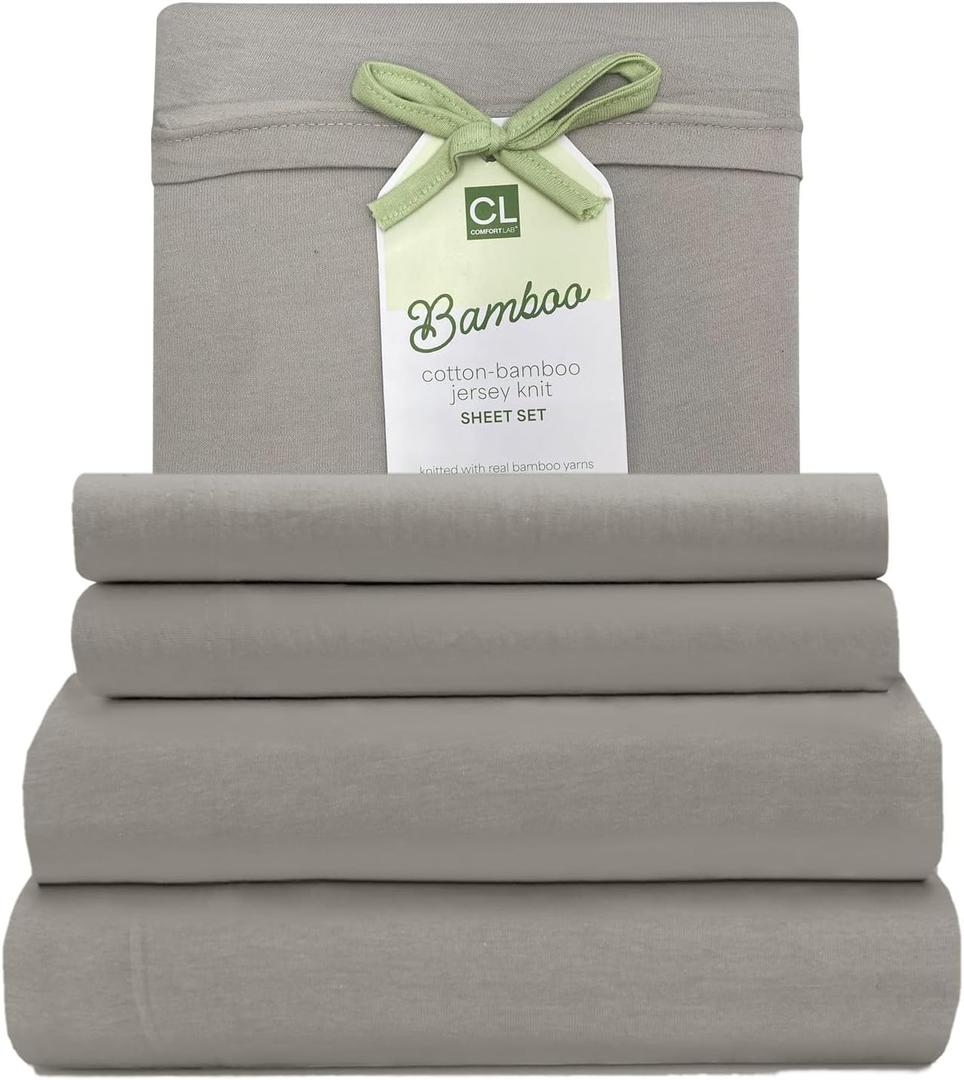Comfort Lab Twin Dorm Jersey Sheets, Rayon Derived from Bamboo Jersey Knit Sheets, 3-Piece Set, Cooling, Breathable, T-Shirt Material - Includes Flat & Fitted Sheets, 1 Pillowcase, Light Grey