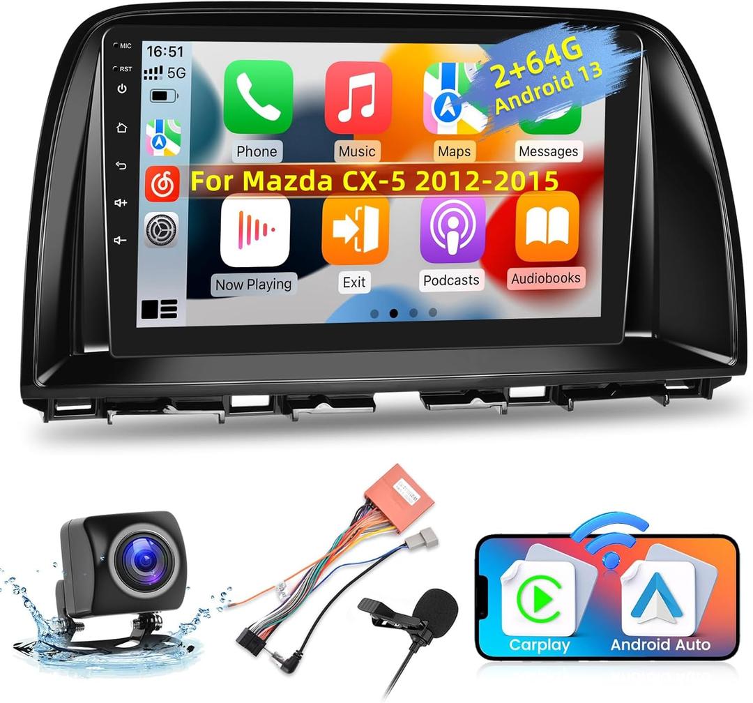[2+64G] for Mazda CX-5 2012-2015 Car Radio with Wireless Carplay and Android Auto - 9 Inch Touch Screen Android Car Stereo - DSP/Multiple UI/WiFi/GPS Navi/SWC + AHD Backup Camera