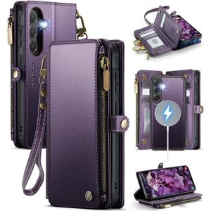 Defencase for Galaxy S25 Magnetic Wallet Case Compatible with Magsafe with RFID Blocking Zipper & Card Holder for Women Men, PU Leather Detachable Phone Case for Samsung Galaxy S25 6.2 inches, Purple