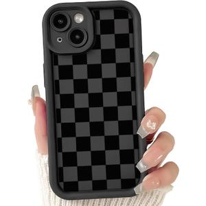 Lovmooful Compatible for iPhone 15 Plus Case Aesthetic Cute Checkerboard Lattice Plaid with Color Design for Girls Women Soft TPU Shockproof Protective Girly for iPhone 15 Plus Case-Black