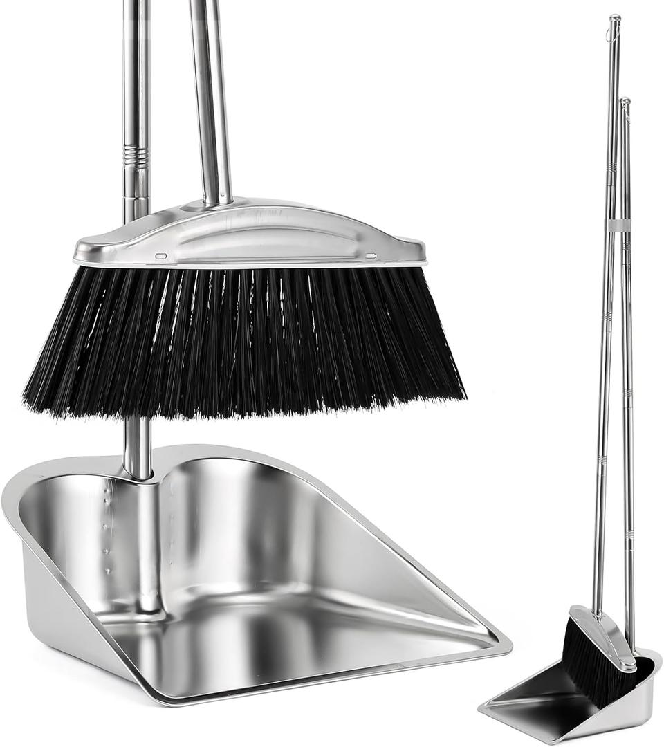 VOOWO Broom with Dustpan Combo Set, 46" Stainless Steel Broom and Dustpan Set for Home, Heavy Duty Dust Pan with Long Handle, Broom for Sweeping Indoor and Outdoor, Kitchen Broom and Dust Pan (Black)