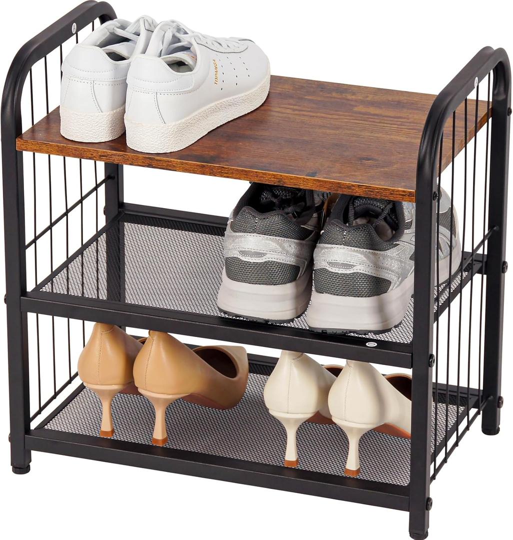 3-Tier Shoe Rack with Guardrails, Heavy-Duty Metal Mesh Shelves & Rustic Wooden Top - Space-Saving Organizer for Closet, Entryway, and Hallway (Holds 1-2 Pairs/Shelf) (Rustic Brown + Black)