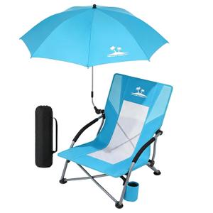 2PCS Folding Beach Chair with Umbrella, Low Profile Portable Sand Chair for Adults, Breathable Mesh Beach Seat with Cup Holder, Heavy Duty Lightweight Camping Chair for Travel, Ocean Blue
