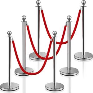 Ferraycle 2025 Prom Stainless Steel Stanchion 5 ft Velvet Carpet Ropes and Pole Crowd Control Barriers Grand Opening Casino Movie Theme Party 360 Photo Booth Accessories (Silver) Set of 2