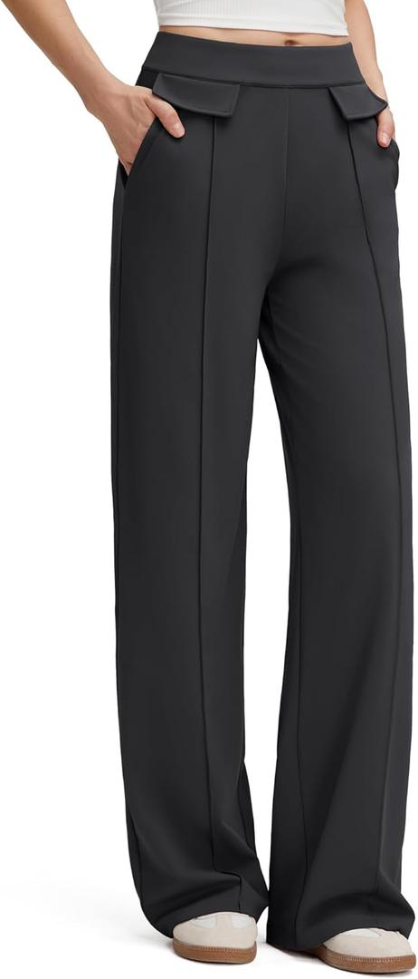 G4Free EverGoing Women's Wide Leg Pants High Waisted Yoga Pants Dressy Casual Trousers with Pockets (Medium Petite, Black)