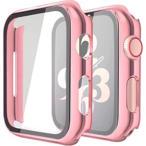 6 x Misxi 2 Pack Hard PC Case with Tempered Glass Screen Protector Compatible with Apple Watch SE 3 (2025) SE 2 SE Series 6 Series 5 Series 4 40mm, 1 Rose Pink + 1 Transparent