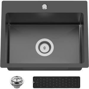 Black 20x16 In Kitchen And Bar Sink- Stainless Steel Drop In Kitchen Sink Modern Single Bowl Topmount Bar Sink With Silicon Mat,Drain Strainer Set Compatibility With Various Kitchen & Bar Style