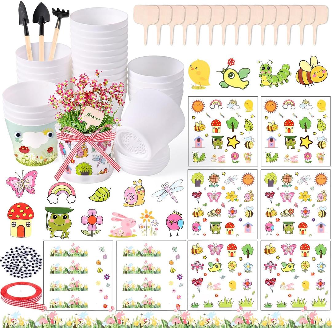 30 Pack Garden Plastic Pot Craft Kit DIY Flower Plant Crafts Nursery Pots with Stickers Flower Planting Growing Kit for Spring Summer Home Classroom School Creative DIY Art Project Activities
