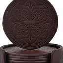 Drink Coasters,PU Leather Bar Beer Beverage Coaster for Drinks Set of 6 with Holder Coasters for Wooden Table Coffee Table Absorbent, Easy Clean Cup Coaster Easter Housewarming Gifts