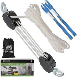 XSTRAP Rope Hoist Pulley System, 2000LBS Breaking Strength Heavy-Duty Block and Tackle with 50FT Rope & 2 Soft Loops, 5:1 Lifting Power Pulley Hoist for Tree Cutting, Attic Lift (Upgraded White)
