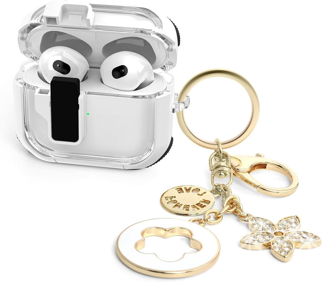 Cases for Cute Airpods 4 Case Cover Women, Clear Airpod 4 Case Lock iPods 4 Cases Hard Protective Air Pods iPods 4th Generation Cas with Bling Keychain for Apple Airpods 4 Gen 2024-White