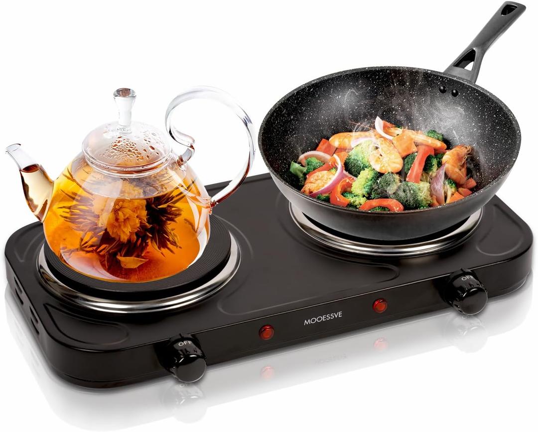 Countertop Double Cast Iron Burner 1800 Watts Electric Hot Plate with Adjustable Temperature 6.1" Cooktop for Dorm, Office, Home, Camp, Compatible for All Cookwares