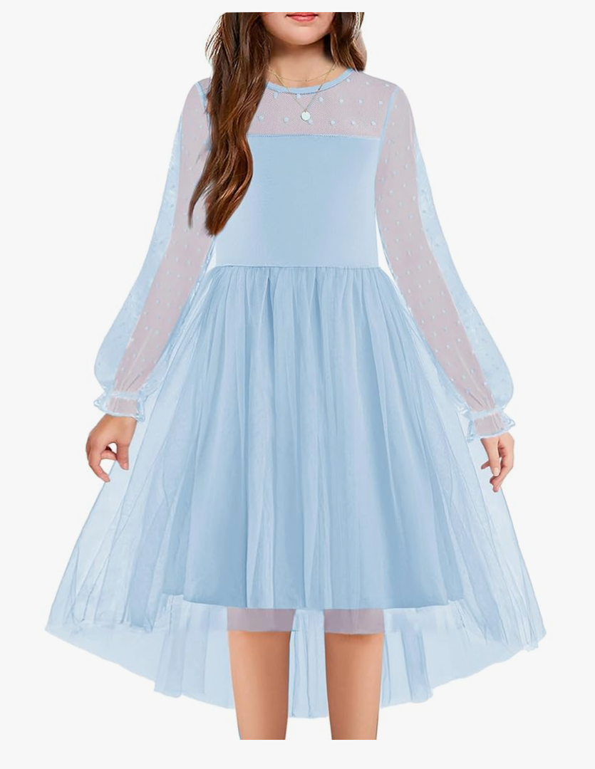 Arshiner Girls Dresses Contrast Mesh Long Sleeve Twirly High Low Birthday Party Formal Dress 6