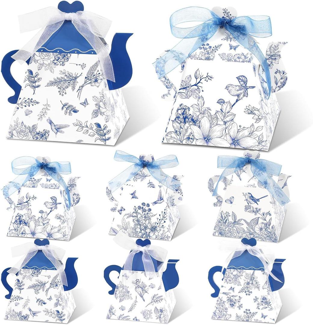 24Pcs Mini Blue and White Flower Party Gift Box Tea Party Teapot Candy Box with Chinoiserie Floral Printed Party Supplies For Wedding Bridal Birthday Baby Shower Treat Box for Tea Party Decor