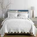 Cotton Quilt Bedding Set Reversible Lightweight Coverlet for All Seasons, 3 Pieces Embossed Floral Solid White Bedspread with Ruffled Edge, Queen Size